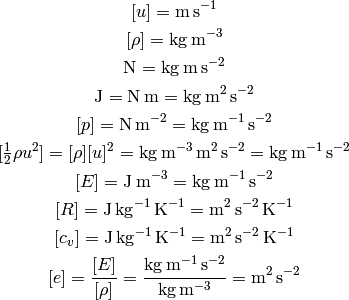 [u] = \rm m\,s^{-1}

[\rho] = \rm kg\,m^{-3}

\rm N = kg \, m \, s^{-2}

\rm J = N\, m = kg \, m^2 \, s^{-2}

[p] = \rm N\, m^{-2} = kg\, m^{-1}\,s^{-2}

[\half \rho u^2] = [\rho][u]^2 = \rm kg\,m^{-3}\,m^2\,s^{-2} = kg\, m^{-1}\,s^{-2}

[E] = \rm J\,m^{-3} = kg\, m^{-1}\,s^{-2}

[R] = \rm J\,kg^{-1}\,K^{-1} = m^2\,s^{-2}\,K^{-1}

[c_v] = \rm J\,kg^{-1}\,K^{-1} = m^2\,s^{-2}\,K^{-1}

[e] = {[E]\over[\rho]} = \rm {kg\,m^{-1}\,s^{-2}\over kg\,m^{-3}} =
    m^2\,s^{-2}